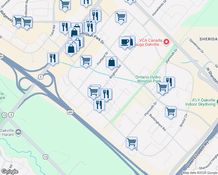 map of restaurants, bars, coffee shops, grocery stores, and more near 2770 Brighton Road in Oakville