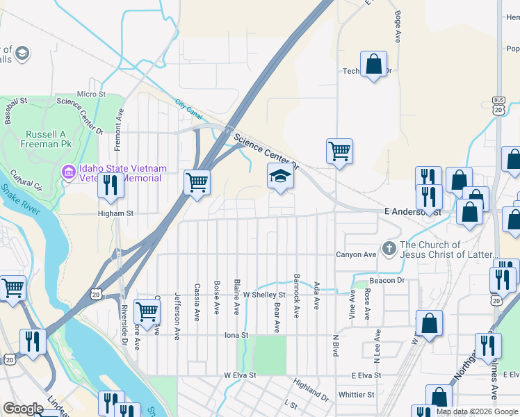 map of restaurants, bars, coffee shops, grocery stores, and more near 600 West Anderson Street in Idaho Falls