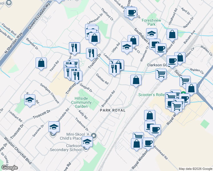 map of restaurants, bars, coffee shops, grocery stores, and more near 1282 Daimler Road in Mississauga