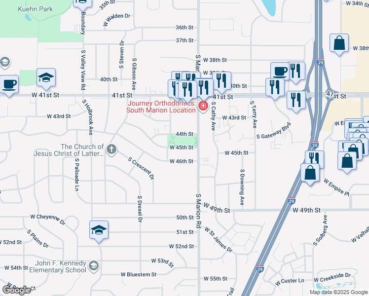 map of restaurants, bars, coffee shops, grocery stores, and more near 5325 West 45th Street in Sioux Falls
