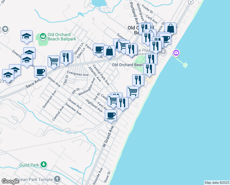 map of restaurants, bars, coffee shops, grocery stores, and more near 39 Central Park Avenue in Old Orchard Beach