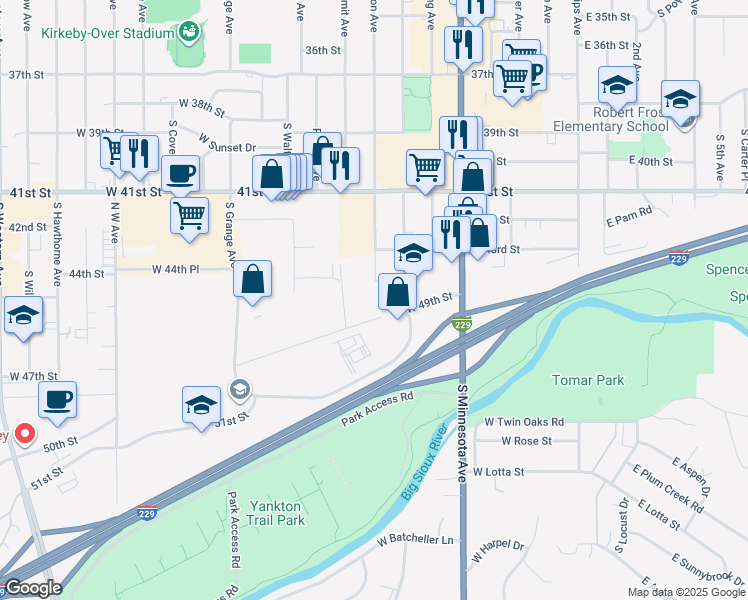 map of restaurants, bars, coffee shops, grocery stores, and more near 3600 South Norton Avenue in Sioux Falls