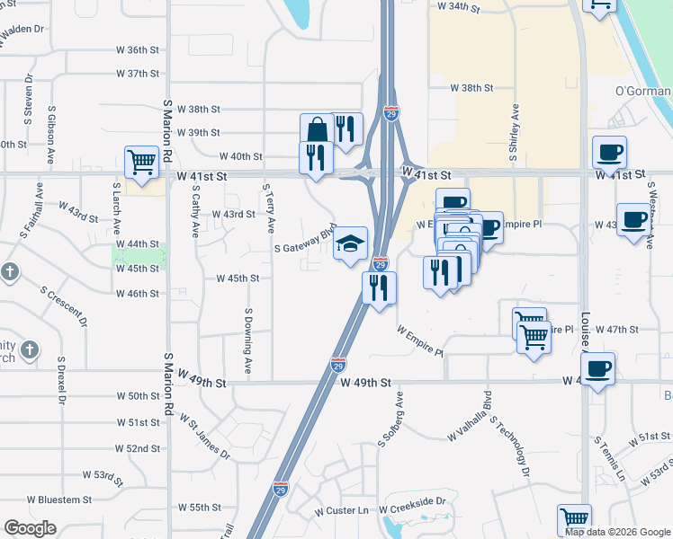 map of restaurants, bars, coffee shops, grocery stores, and more near 3544 South Gateway Boulevard in Sioux Falls