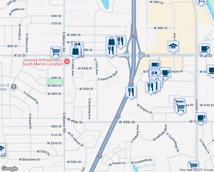 map of restaurants, bars, coffee shops, grocery stores, and more near 3600 South Gateway Boulevard in Sioux Falls