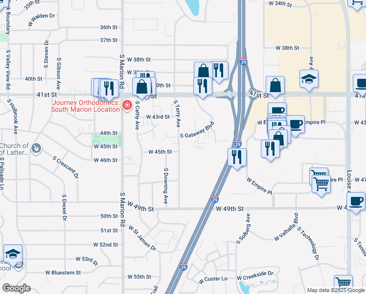 map of restaurants, bars, coffee shops, grocery stores, and more near in Sioux Falls