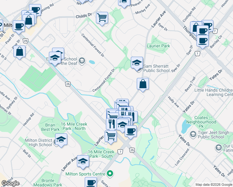 map of restaurants, bars, coffee shops, grocery stores, and more near 468 Gowland Crescent in Milton