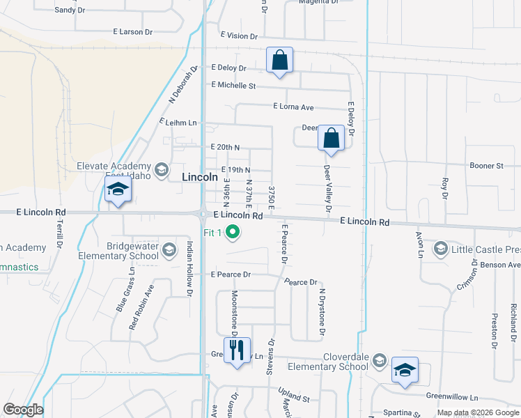 map of restaurants, bars, coffee shops, grocery stores, and more near 1773 North 3750th East in Idaho Falls