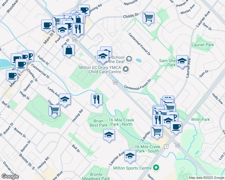map of restaurants, bars, coffee shops, grocery stores, and more near 311 Halton Avenue in Milton