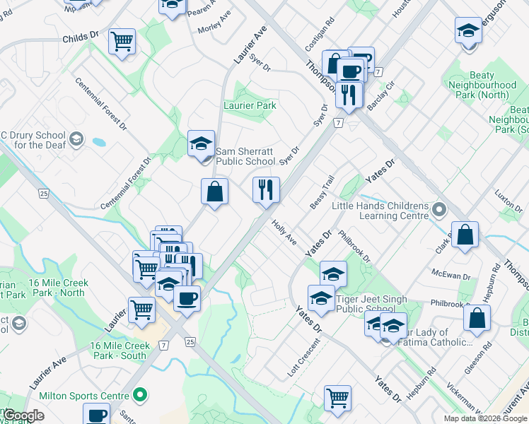 map of restaurants, bars, coffee shops, grocery stores, and more near Holly Avenue in Milton