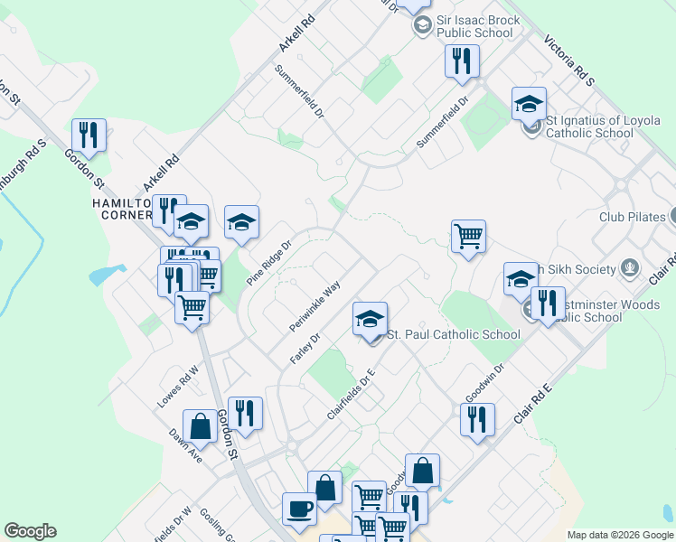 map of restaurants, bars, coffee shops, grocery stores, and more near 41 Camm Crescent in Guelph