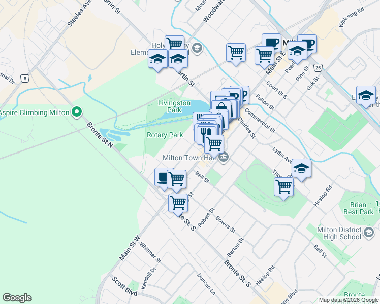map of restaurants, bars, coffee shops, grocery stores, and more near 112 Mill Street in Milton