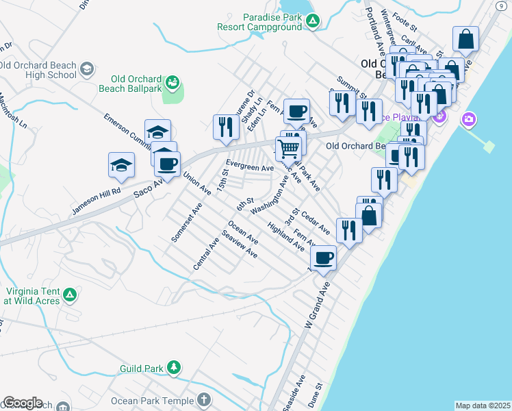 map of restaurants, bars, coffee shops, grocery stores, and more near 2 Church Street in Old Orchard Beach