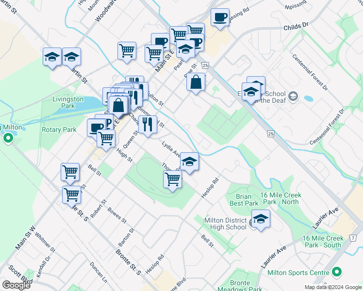 map of restaurants, bars, coffee shops, grocery stores, and more near 150 Commercial Street in Milton