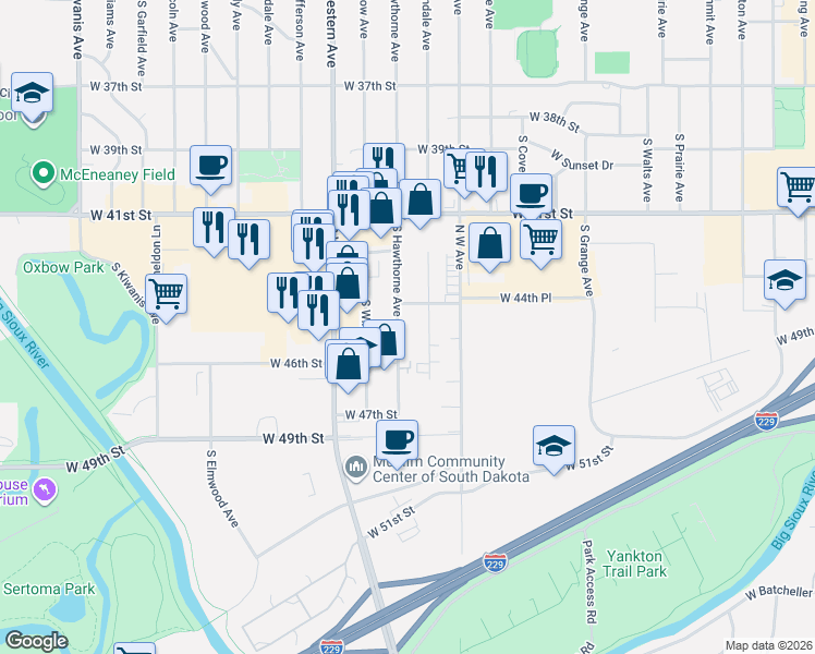 map of restaurants, bars, coffee shops, grocery stores, and more near 3704 South Hawthorne Avenue in Sioux Falls