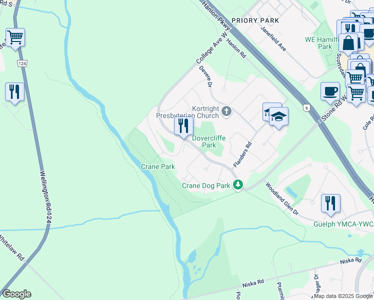 map of restaurants, bars, coffee shops, grocery stores, and more near 50 Dovercliffe Road in Guelph