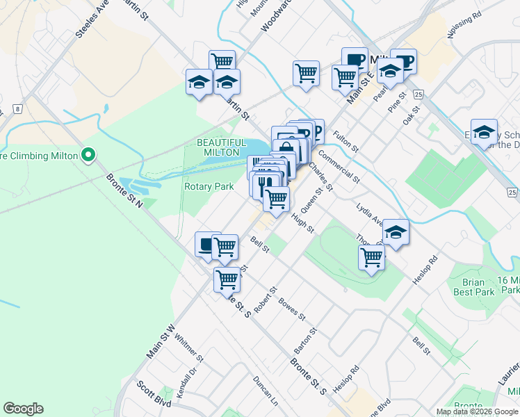 map of restaurants, bars, coffee shops, grocery stores, and more near in Milton