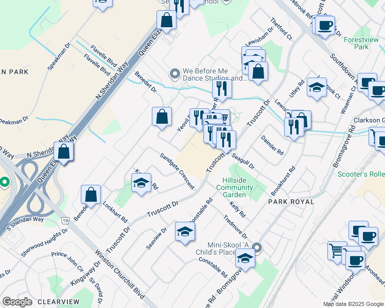 map of restaurants, bars, coffee shops, grocery stores, and more near 2475 Truscott Drive in Mississauga