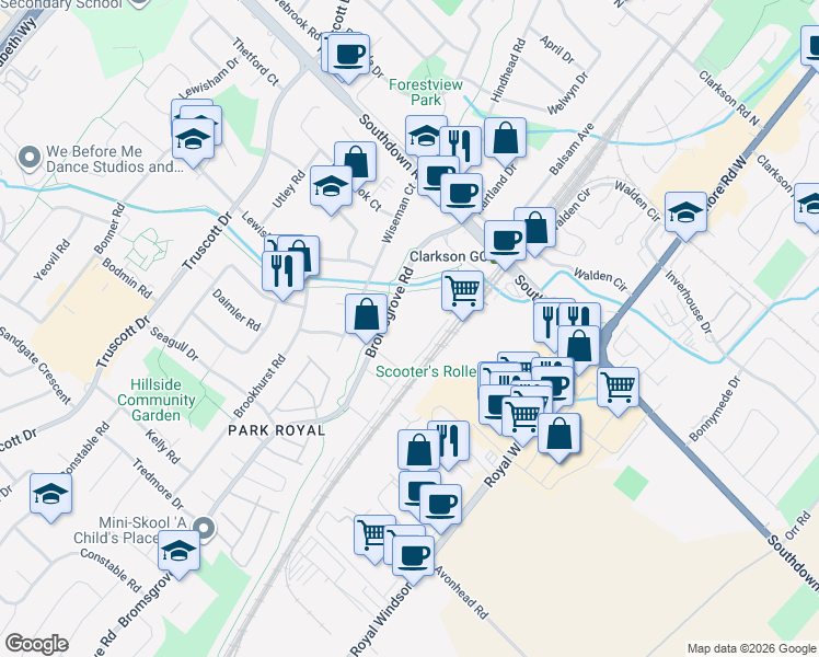 map of restaurants, bars, coffee shops, grocery stores, and more near 2170 Bromsgrove Road in Mississauga