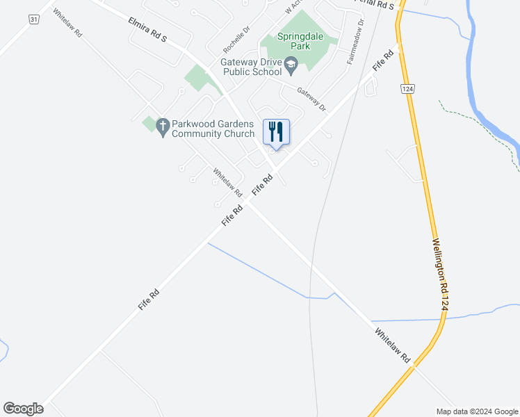 map of restaurants, bars, coffee shops, grocery stores, and more near 190 Fife Road in Guelph