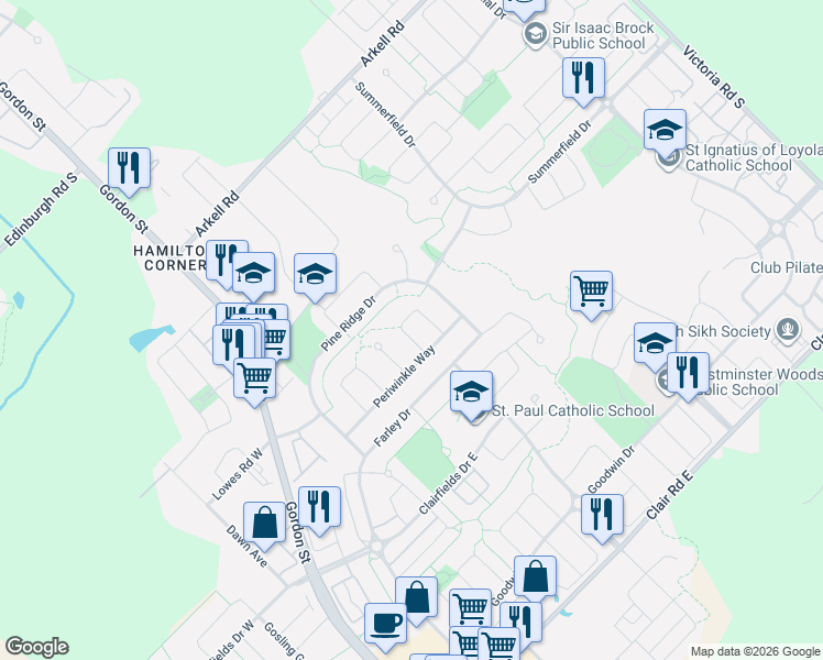 map of restaurants, bars, coffee shops, grocery stores, and more near 15 Camm Crescent in Guelph