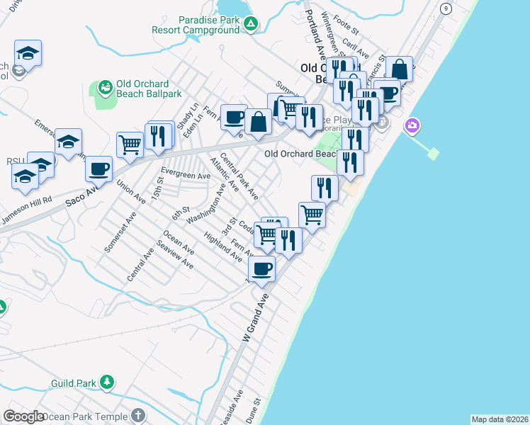 map of restaurants, bars, coffee shops, grocery stores, and more near 39 Central Park Avenue in Old Orchard Beach