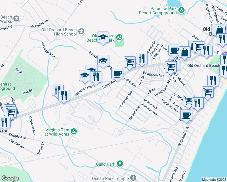 map of restaurants, bars, coffee shops, grocery stores, and more near 161 Saco Avenue in Old Orchard Beach