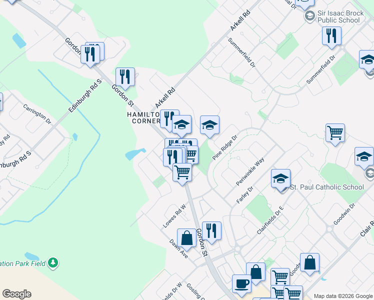 map of restaurants, bars, coffee shops, grocery stores, and more near 1440 Gordon Street in Guelph