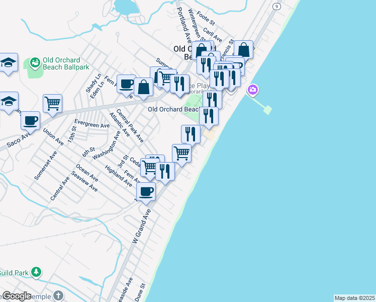 map of restaurants, bars, coffee shops, grocery stores, and more near 46 1st Street in Old Orchard Beach