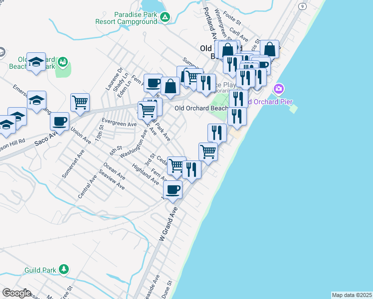 map of restaurants, bars, coffee shops, grocery stores, and more near 14 Hillcrest Avenue in Old Orchard Beach