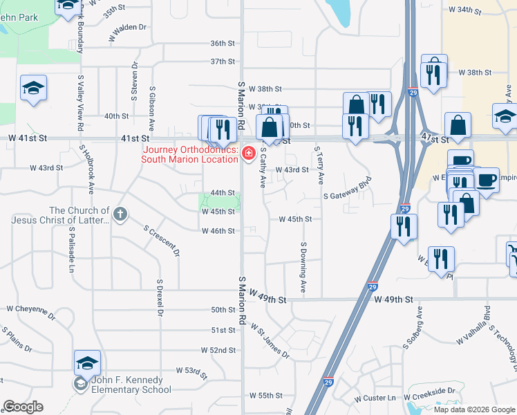map of restaurants, bars, coffee shops, grocery stores, and more near 3702 South Marion Road in Sioux Falls