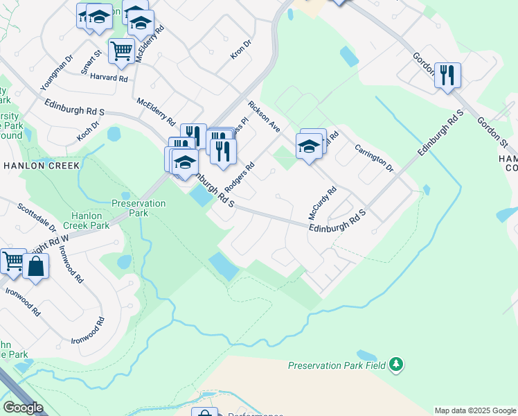 map of restaurants, bars, coffee shops, grocery stores, and more near 844 Edinburgh Road South in Guelph
