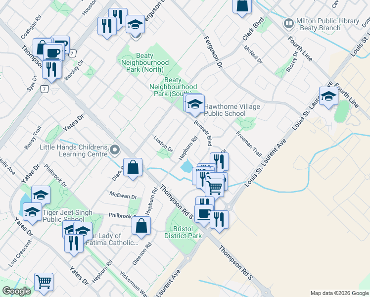 map of restaurants, bars, coffee shops, grocery stores, and more near 1089 Hepburn Road in Milton