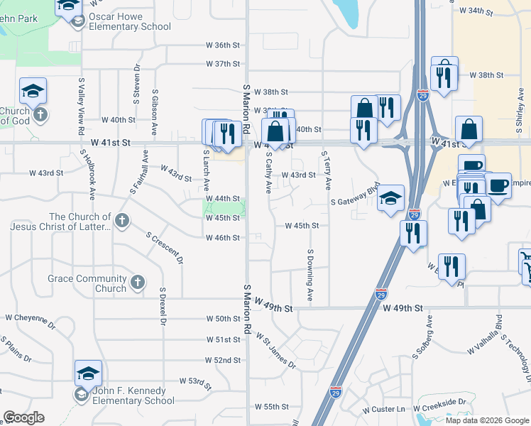 map of restaurants, bars, coffee shops, grocery stores, and more near 3705 South Cathy Avenue in Sioux Falls