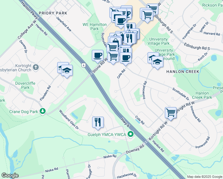 map of restaurants, bars, coffee shops, grocery stores, and more near 7 Christopher Court in Guelph