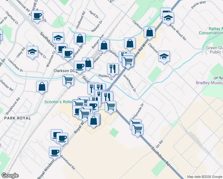 map of restaurants, bars, coffee shops, grocery stores, and more near 2014 Lakeshore Road West in Mississauga