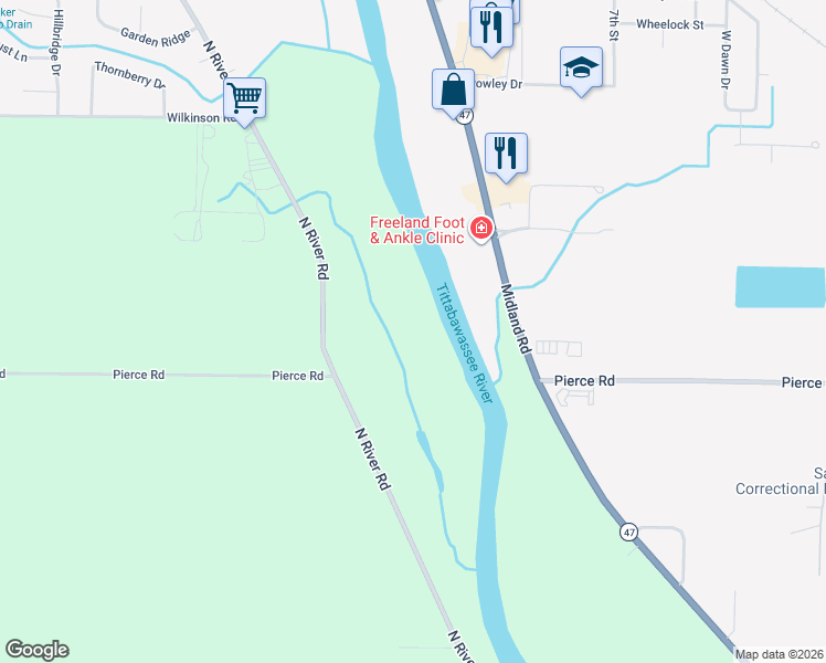 map of restaurants, bars, coffee shops, grocery stores, and more near 7000 Midland Road in Freeland