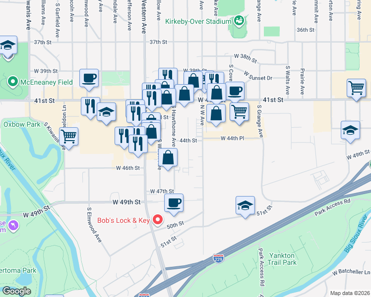 map of restaurants, bars, coffee shops, grocery stores, and more near 3704 South Glendale Avenue in Sioux Falls