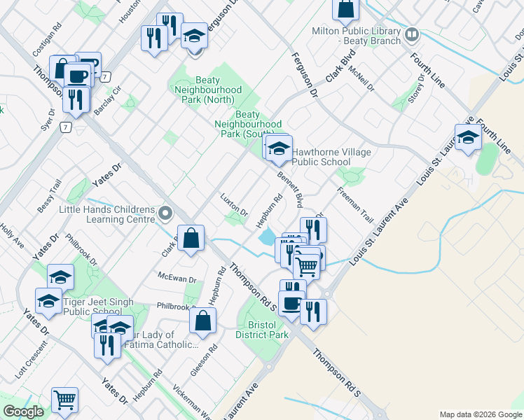 map of restaurants, bars, coffee shops, grocery stores, and more near 1097 Hepburn Road in Milton