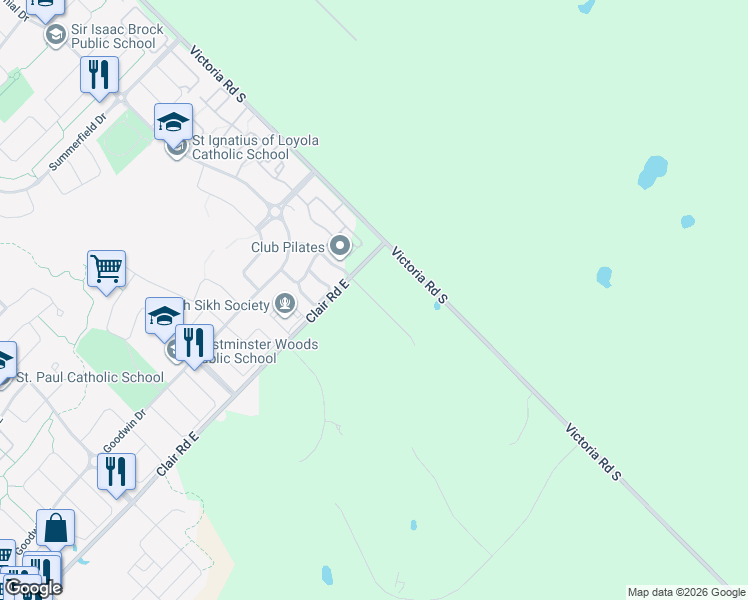 map of restaurants, bars, coffee shops, grocery stores, and more near 4 Megan Place in Guelph