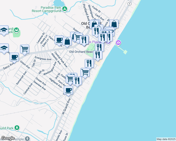 map of restaurants, bars, coffee shops, grocery stores, and more near 46 1st Street in Old Orchard Beach
