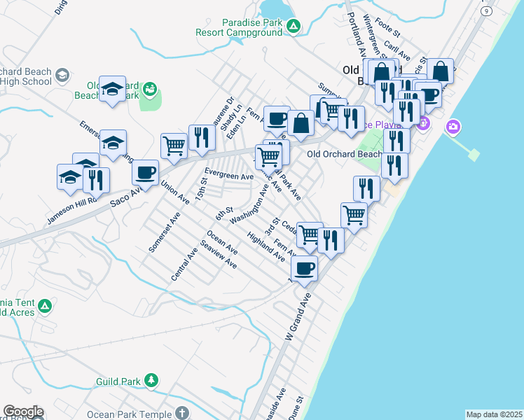 map of restaurants, bars, coffee shops, grocery stores, and more near 12 Prospect Street in Old Orchard Beach