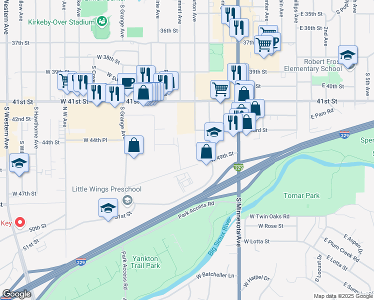 map of restaurants, bars, coffee shops, grocery stores, and more near 3600 South Norton Avenue in Sioux Falls