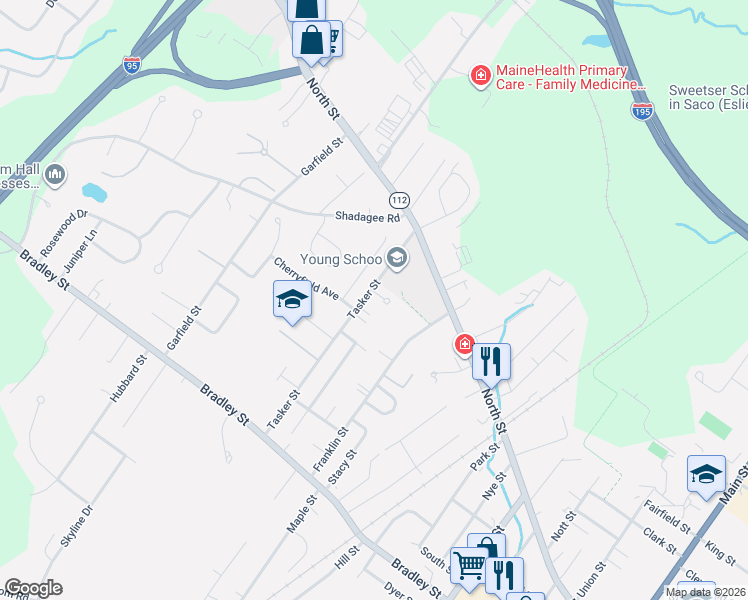 map of restaurants, bars, coffee shops, grocery stores, and more near 2 Fieldcrest Drive in Saco
