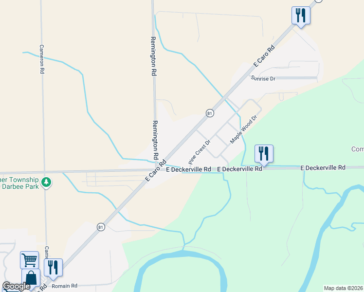 map of restaurants, bars, coffee shops, grocery stores, and more near 1538 East Caro Road in Caro