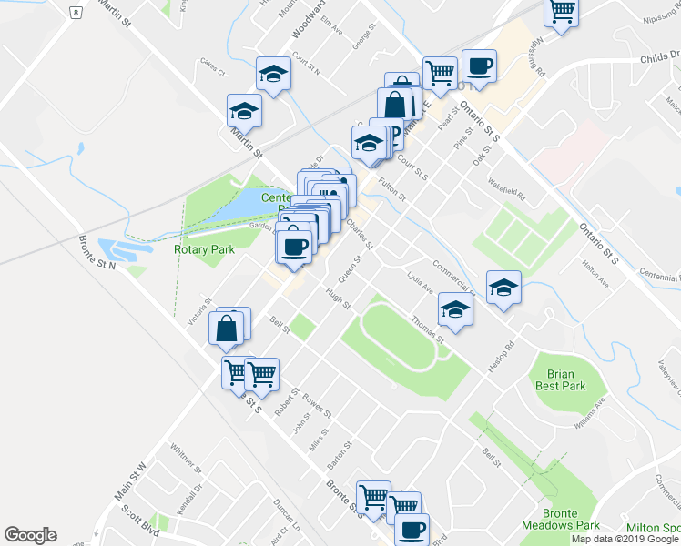 map of restaurants, bars, coffee shops, grocery stores, and more near 193 Queen Street in Milton