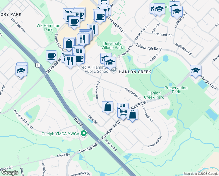 map of restaurants, bars, coffee shops, grocery stores, and more near 27 Steffler Drive in Guelph
