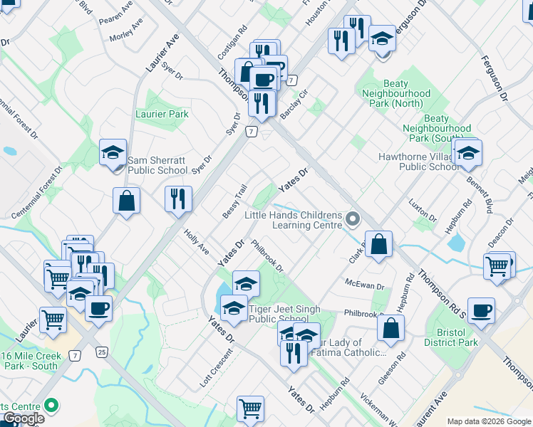 map of restaurants, bars, coffee shops, grocery stores, and more near 854 Yates Drive in Milton