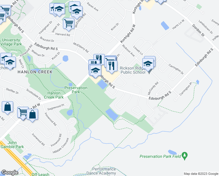 map of restaurants, bars, coffee shops, grocery stores, and more near 78 Rodgers Road in Guelph