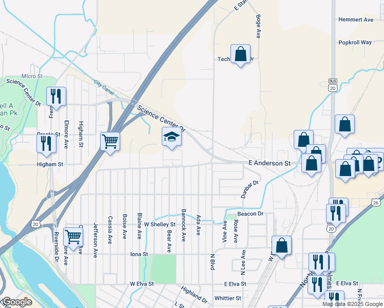 map of restaurants, bars, coffee shops, grocery stores, and more near 260 West Anderson Street in Idaho Falls