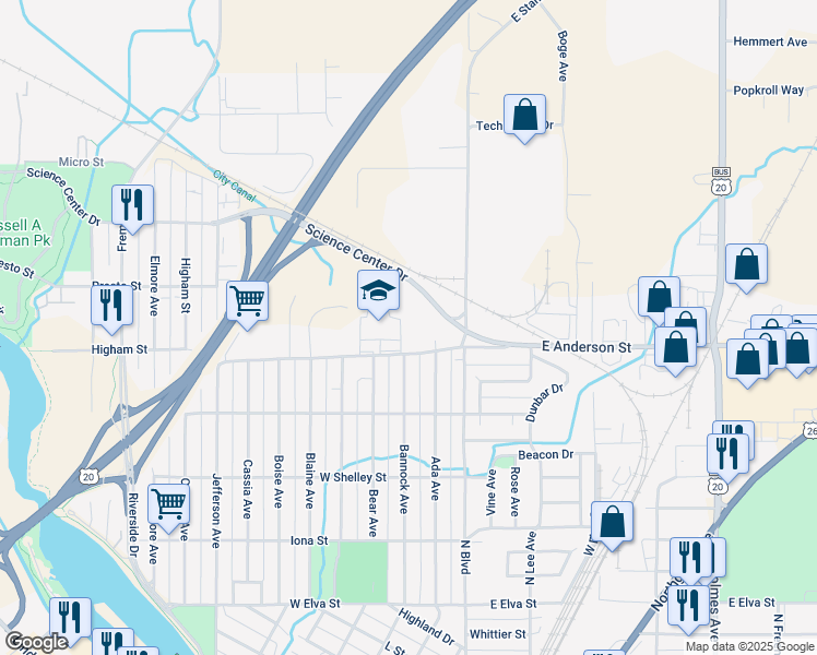 map of restaurants, bars, coffee shops, grocery stores, and more near 380 West Anderson Street in Idaho Falls